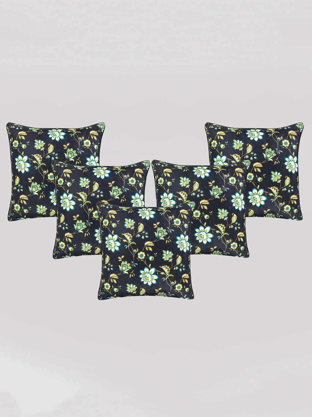 OUSSUM Black & Green 5 Pieces Floral Printed Velvet Square Cushion Covers