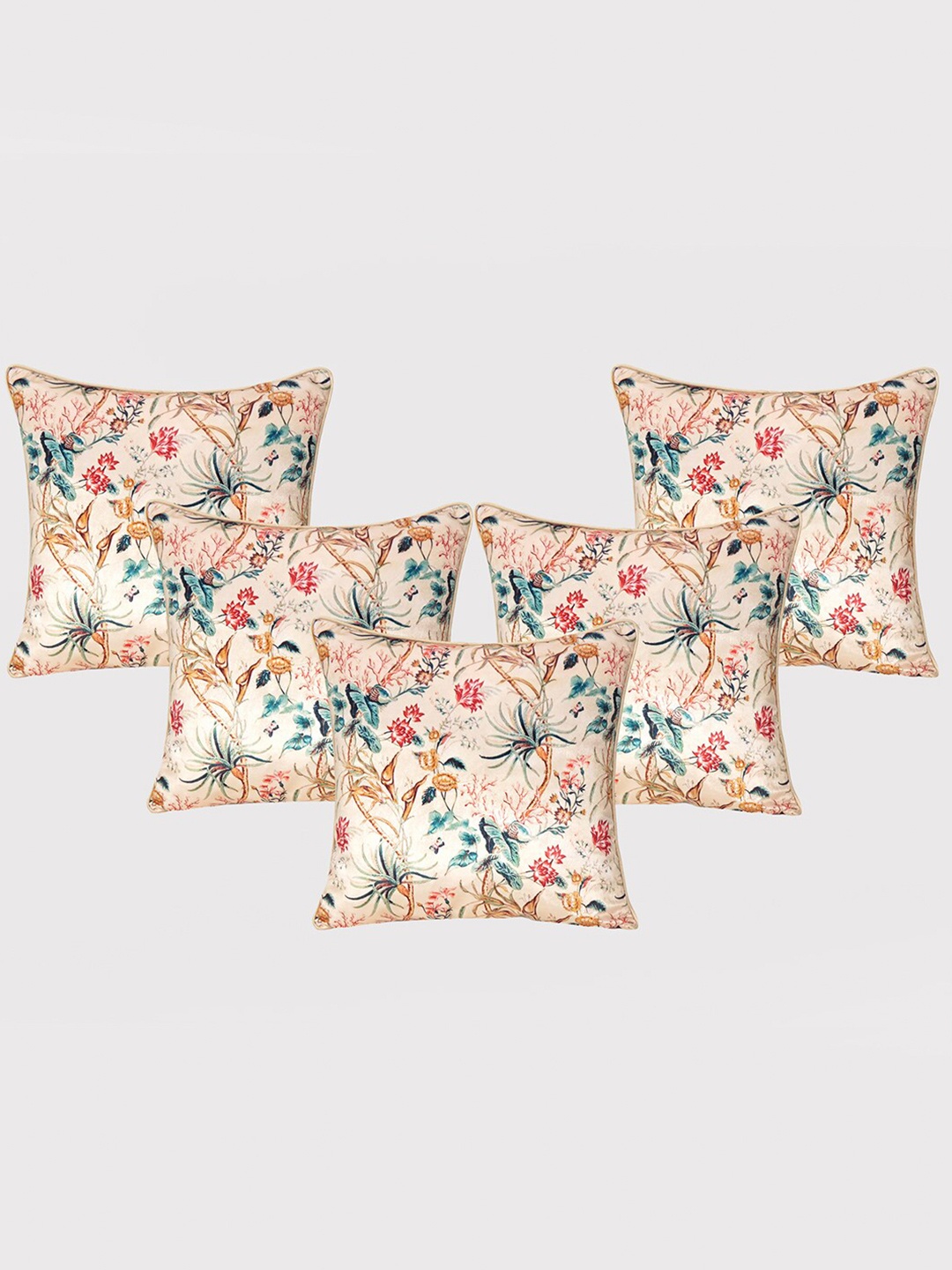 

OUSSUM Beige & Green 5 Pieces Floral Velvet Square Cushion Covers