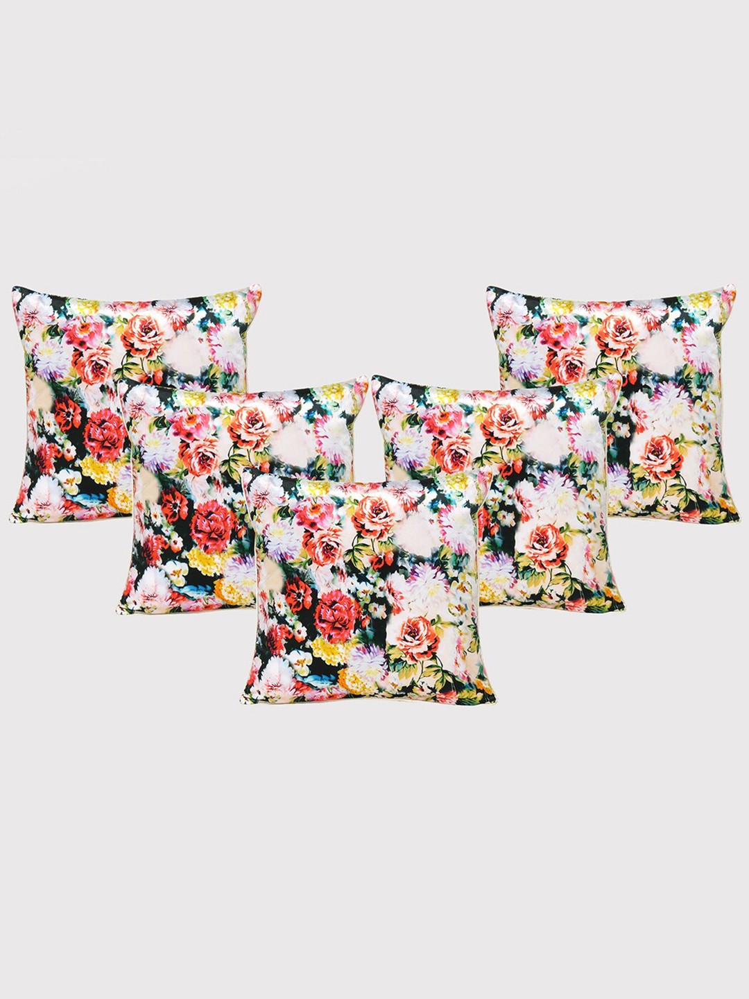 

OUSSUM White & Red 5 Pieces Floral Velvet Square Cushion Covers