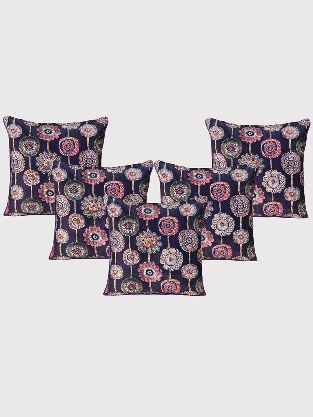 

OUSSUM Purple & Pink 5 Pieces Floral Printed Velvet Square Cushion Covers