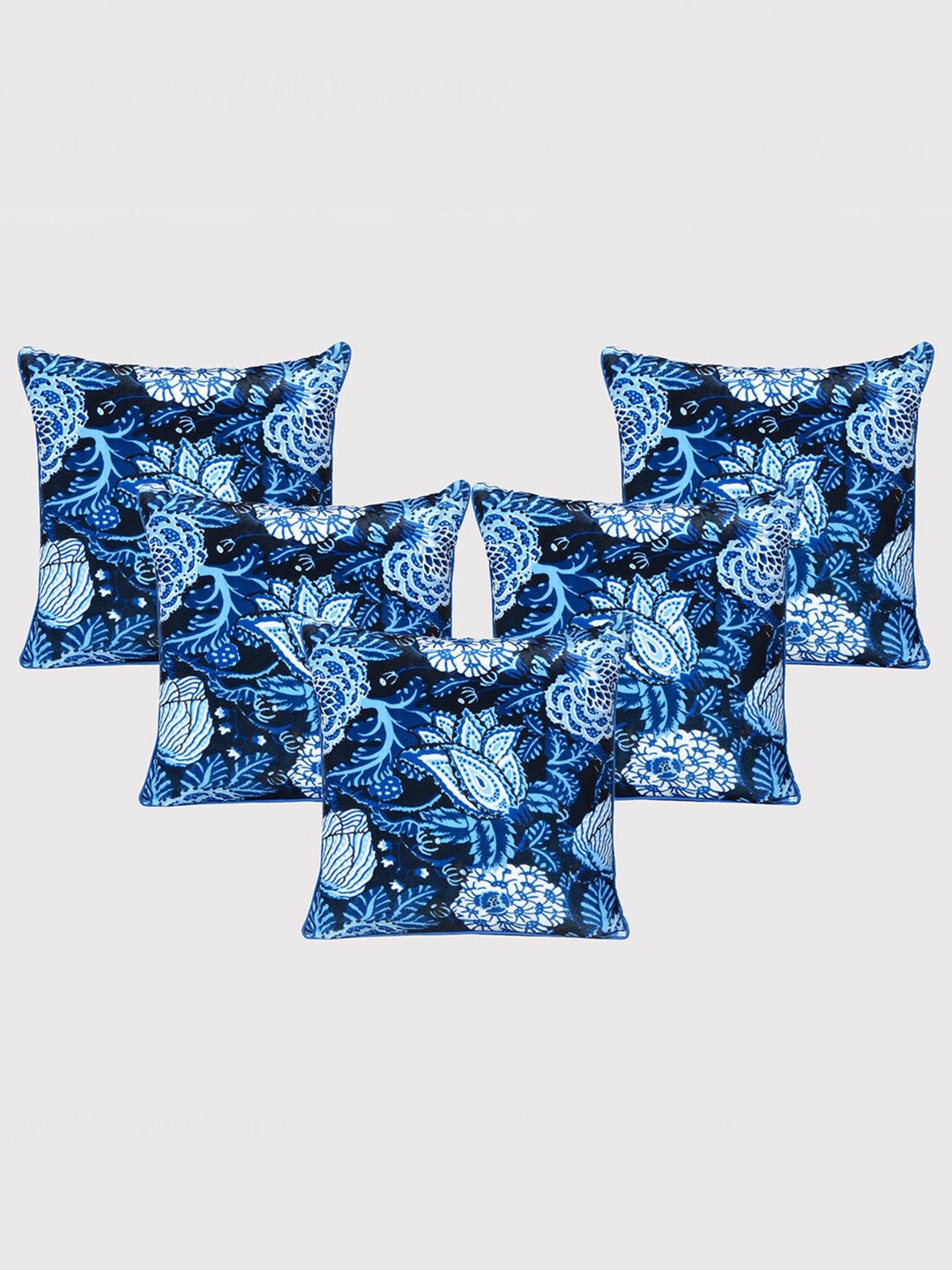 

OUSSUM Blue & White 5 Pieces Floral Printed Velvet Square Cushion Covers