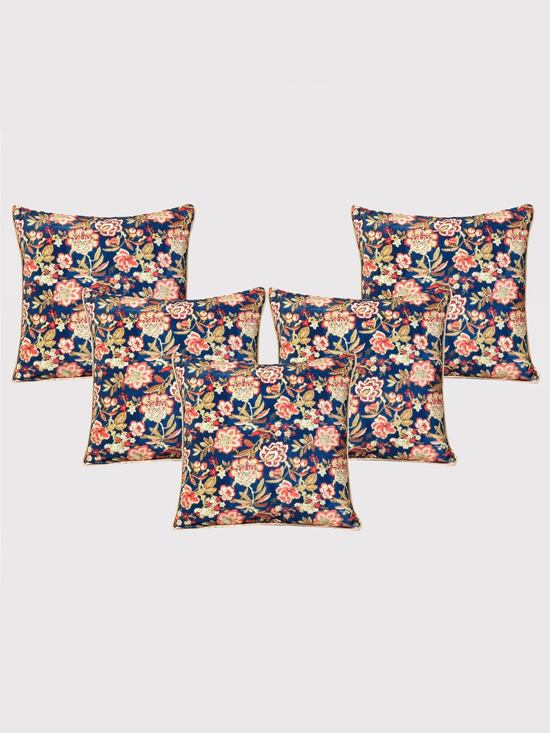 

OUSSUM Blue & Pink 5-Pieces Floral Velvet Square Cushion Covers