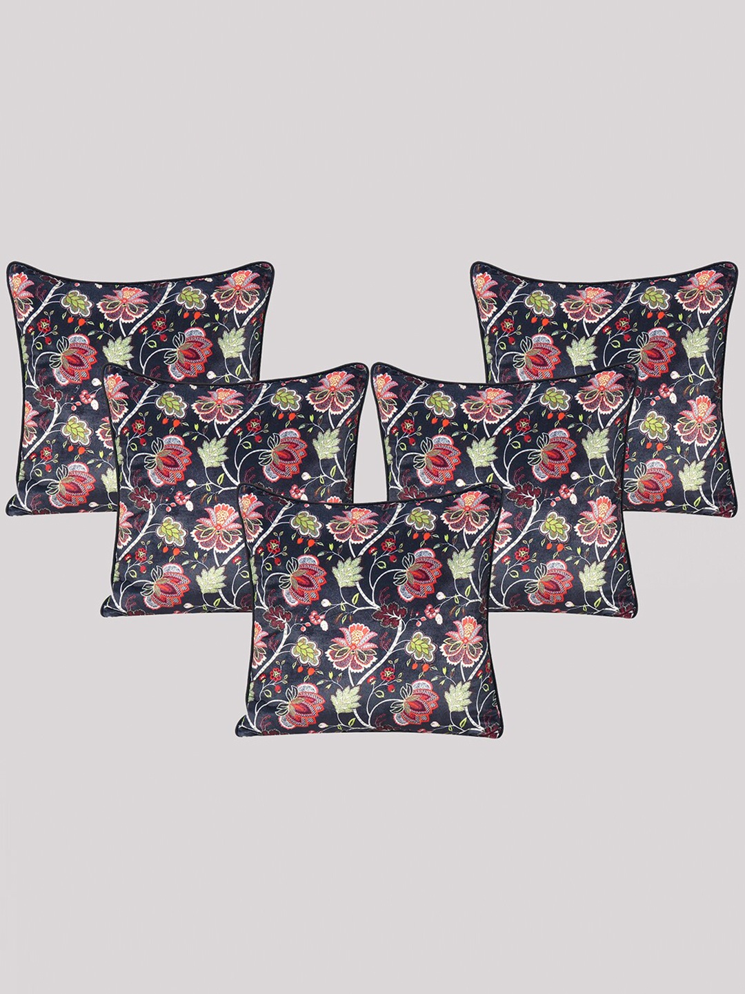 

OUSSUM Black & Red 5-Pieces Floral Velvet Square Cushion Covers