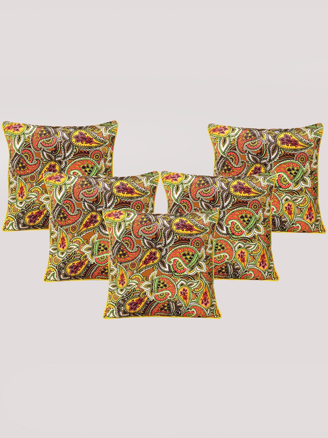 

OUSSUM Yellow & Red 5-Pieces Ethnic Motifs Velvet Square Cushion Covers