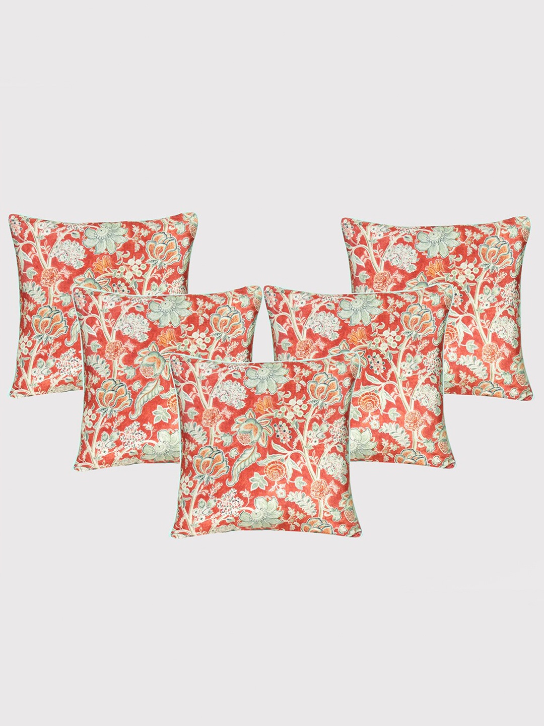 

OUSSUM Red & White 5 Pieces Floral Velvet Square Cushion Covers