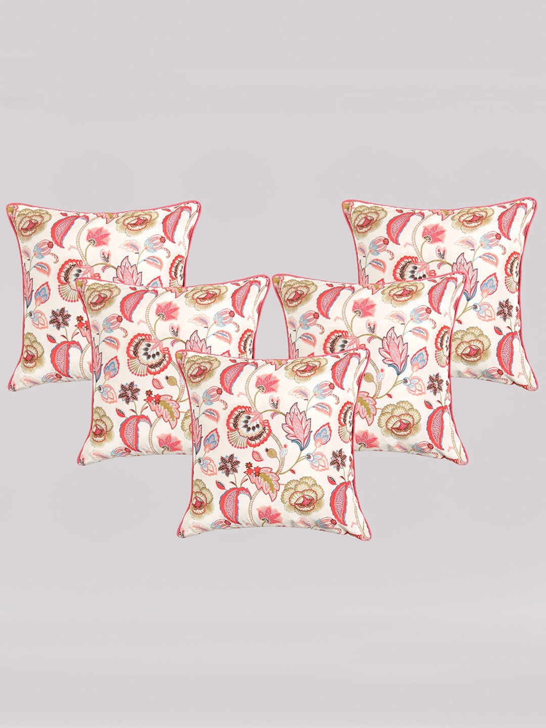 

OUSSUM White & Pink 5 Pieces Floral Velvet Square Cushion Covers