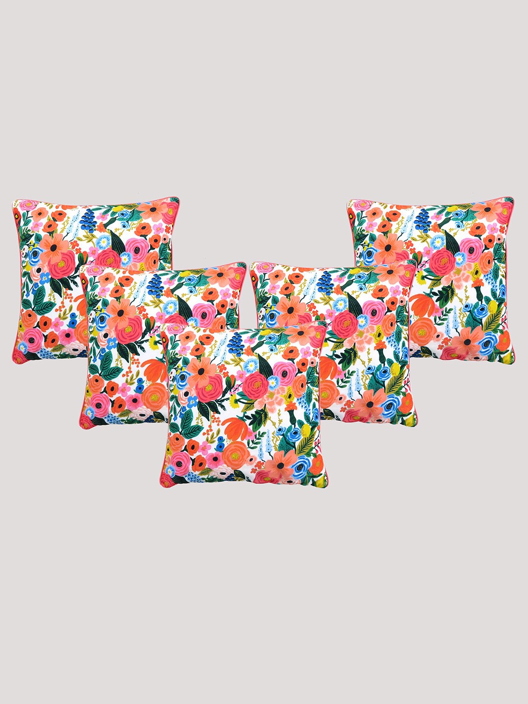 

OUSSUM Red & Blue 5 Pieces Floral Printed Velvet Square Cushion Covers