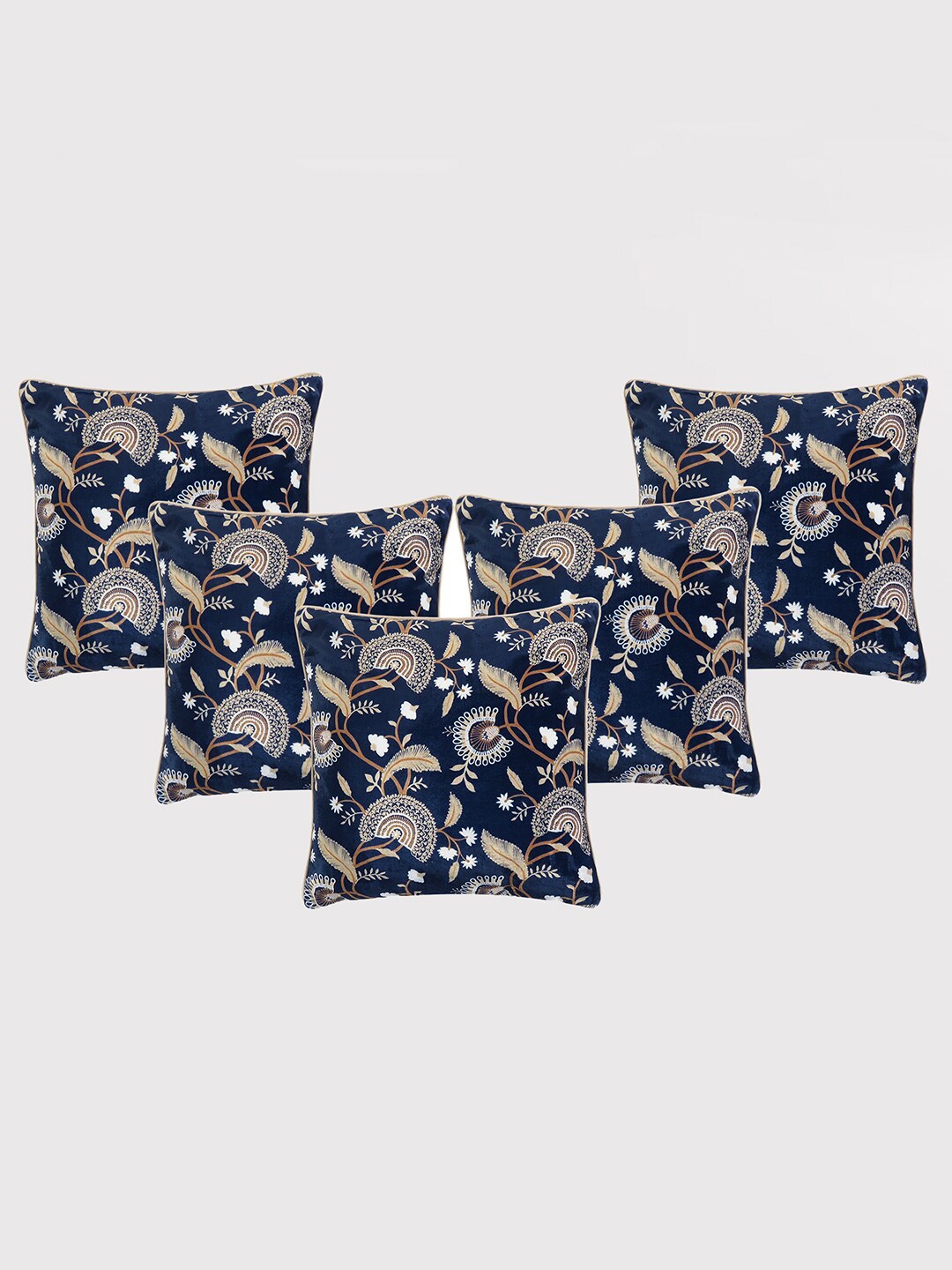 

OUSSUM Blue & White 5-Pieces Floral Velvet Square Cushion Covers