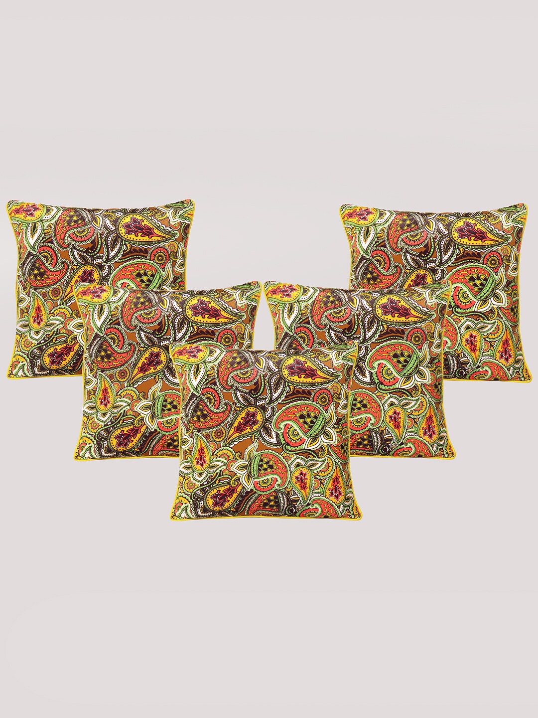

OUSSUM Yellow & Green 5 Pieces Floral Velvet Square Cushion Covers