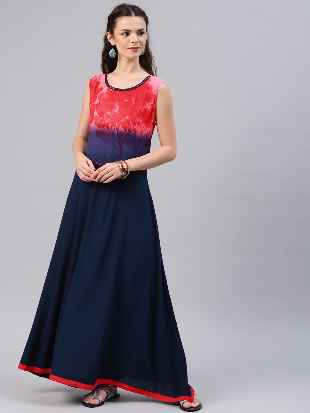 

Shree Women Navy & Red Printed Maxi Dress, Navy blue