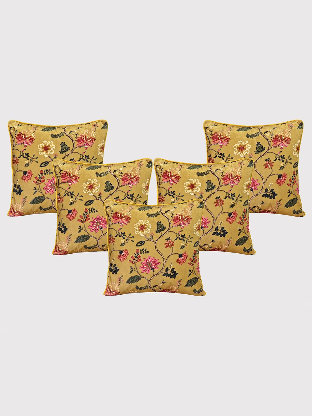 

OUSSUM Yellow & Pink 5 Pieces Floral Printed Velvet Square Cushion Covers