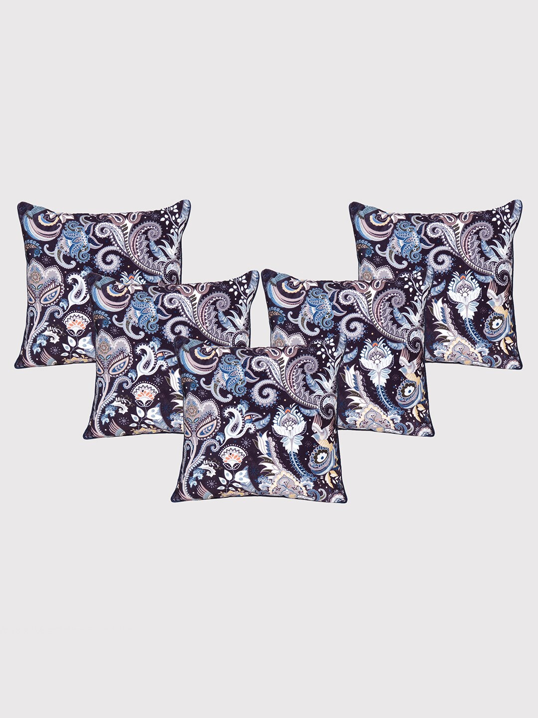 OUSSUM Blue & White 5-Pieces Floral Velvet Square Cushion Covers