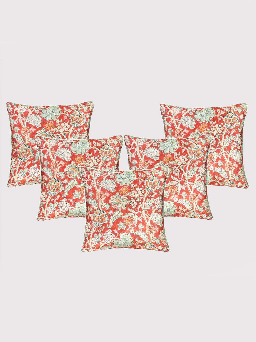 

OUSSUM Red & Green 5 Pieces Floral Printed Velvet Square Cushion Covers