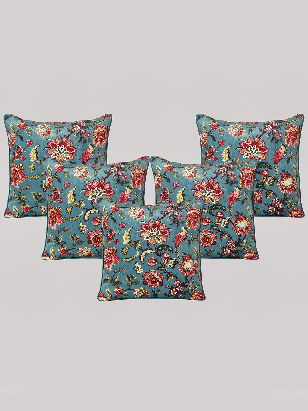 

OUSSUM Grey & Red 5 Pieces Floral Printed Velvet Square Cushion Covers