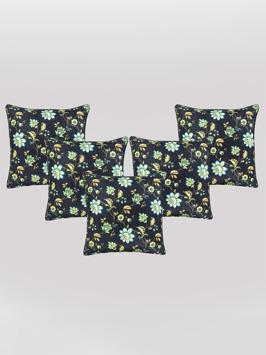 

OUSSUM Black & Green 5 Pieces Floral Velvet Square Cushion Covers