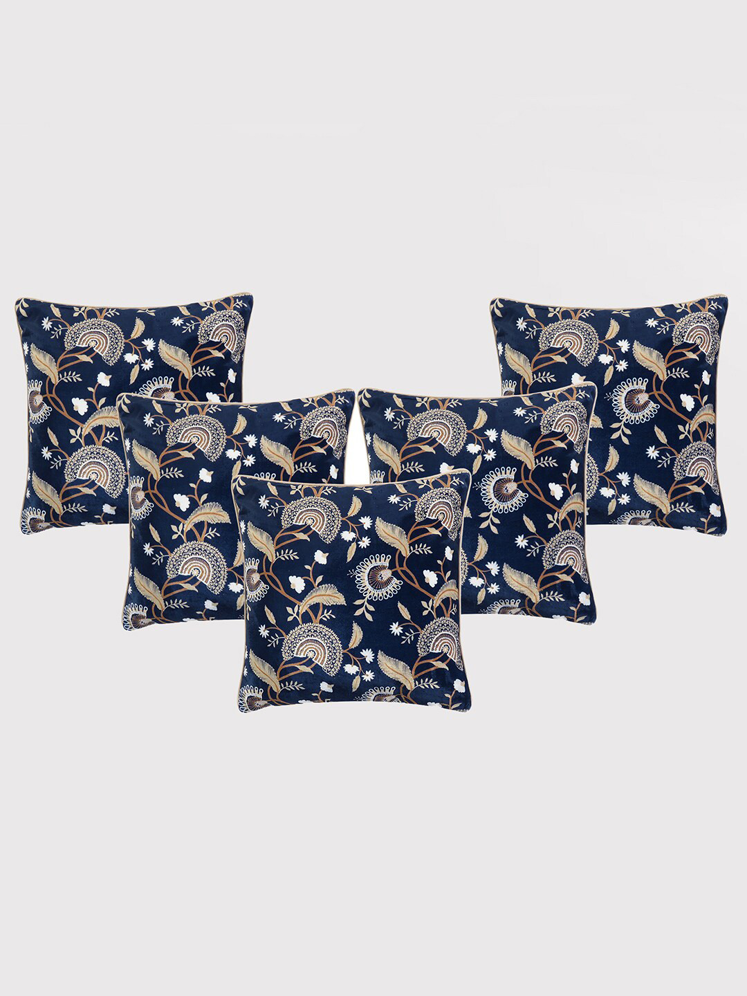 

OUSSUM Blue & Cream-Coloured 5 Pieces Floral Printed Velvet Square Cushion Covers