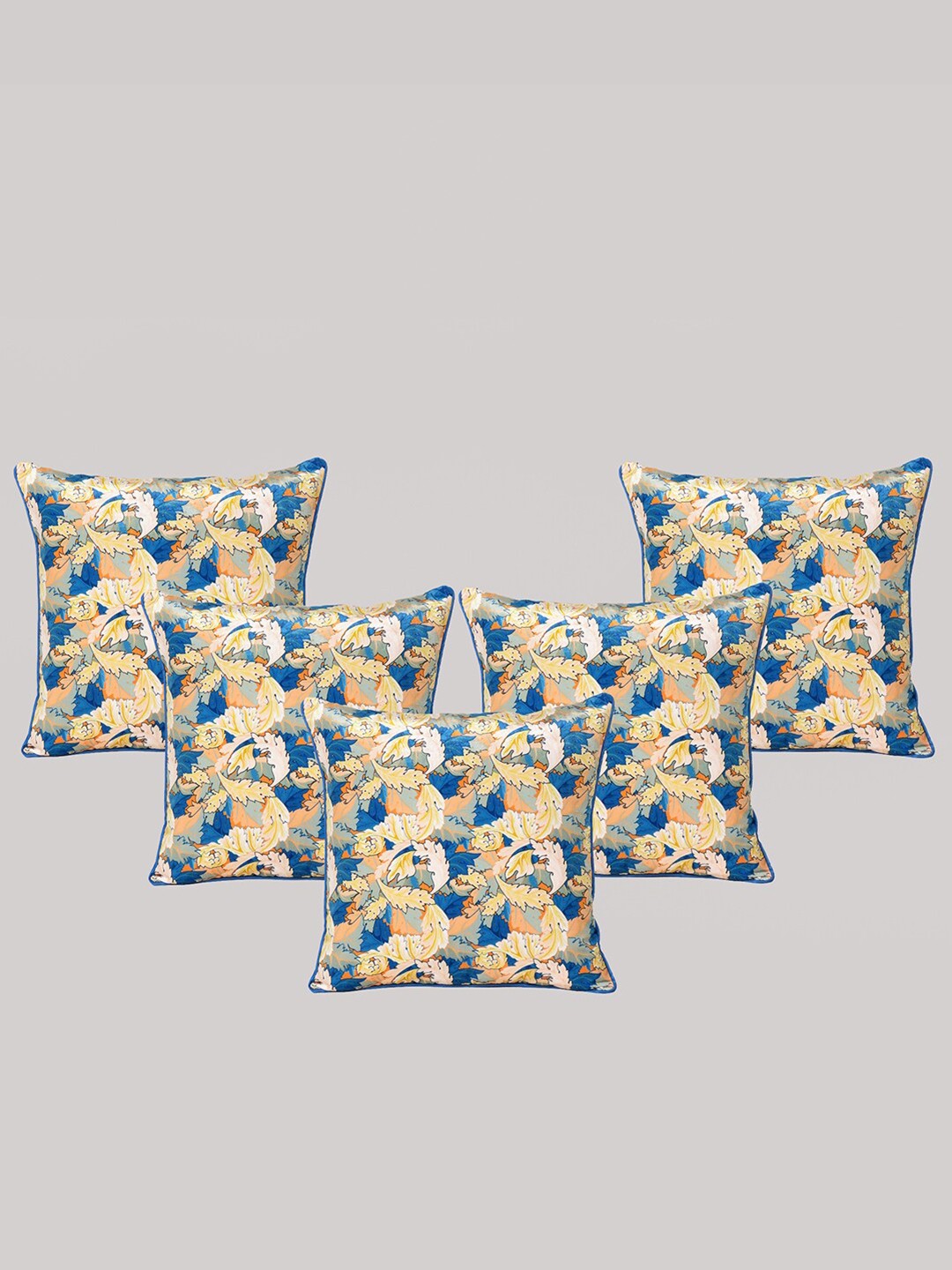 

OUSSUM Blue & Yellow 5 Pieces Floral Printed Velvet Square Cushion Covers