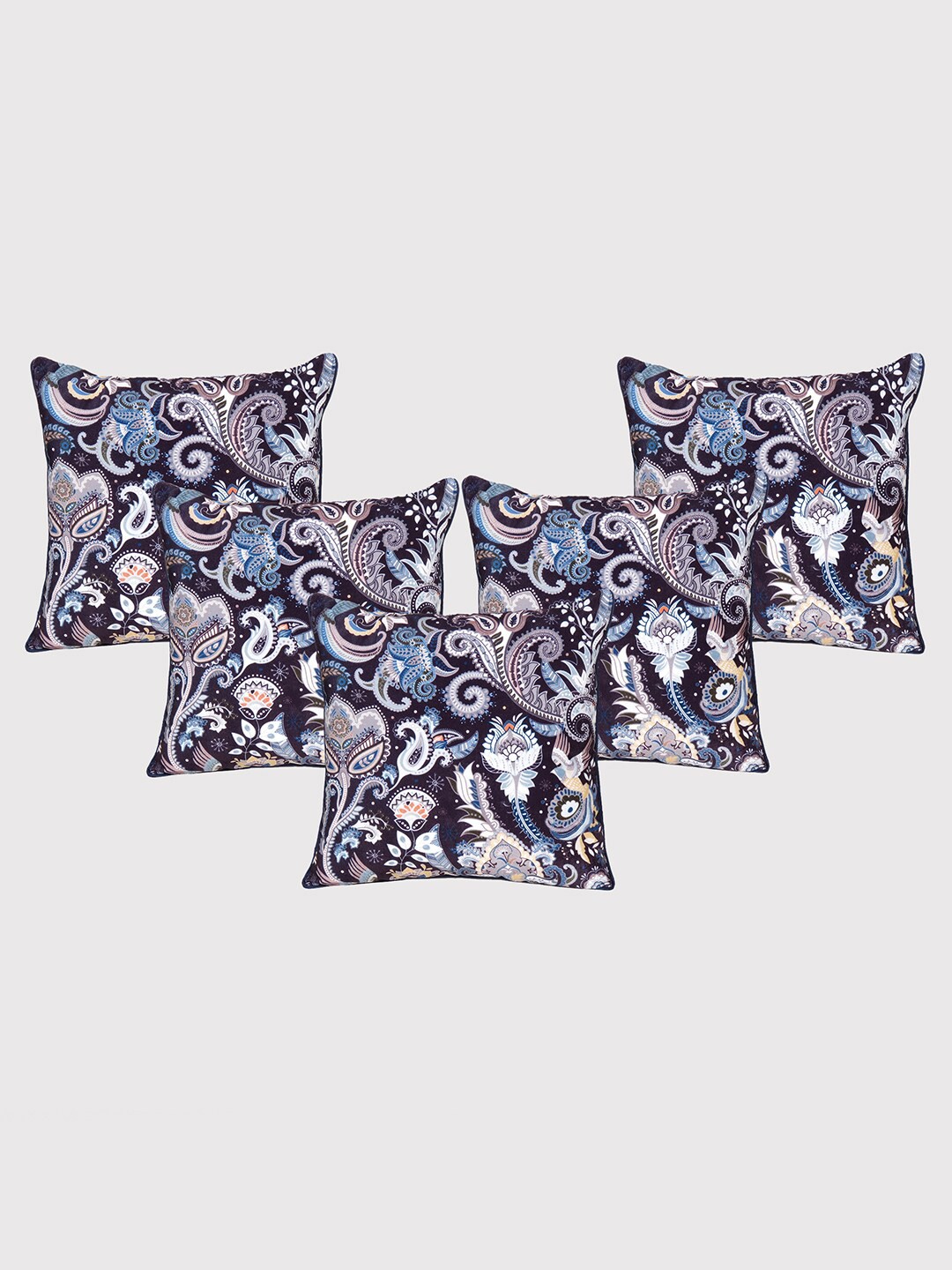

OUSSUM Blue & White 5 Pieces Floral Printed Velvet Square Cushion Covers