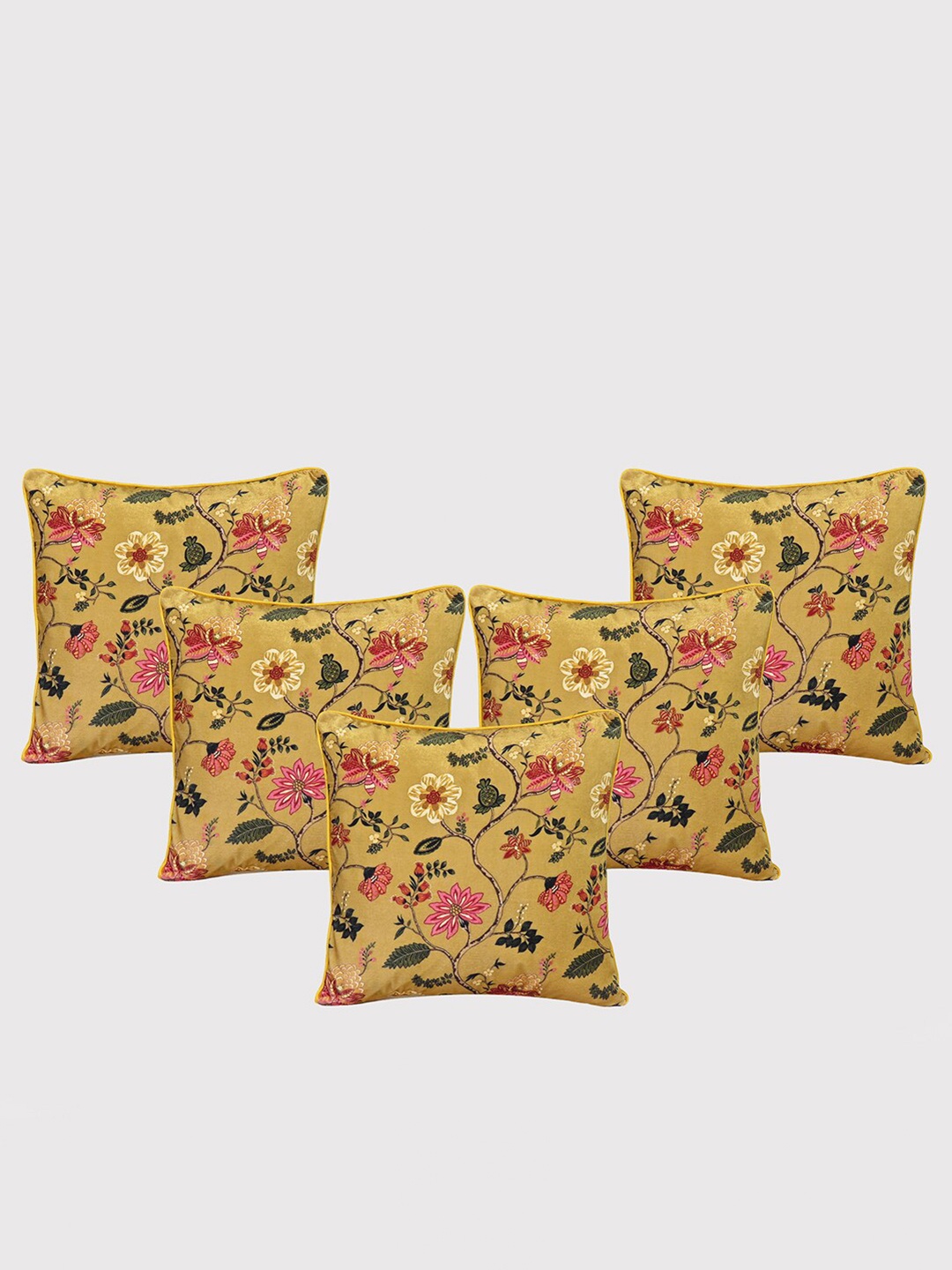 

OUSSUM Yellow & Black 5 Pieces Floral Printed Velvet Square Cushion Covers