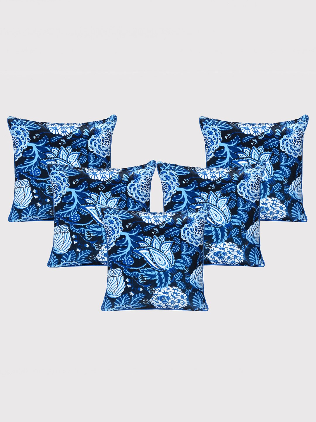 

OUSSUM Blue & White 5 Pieces Floral Velvet Square Cushion Covers