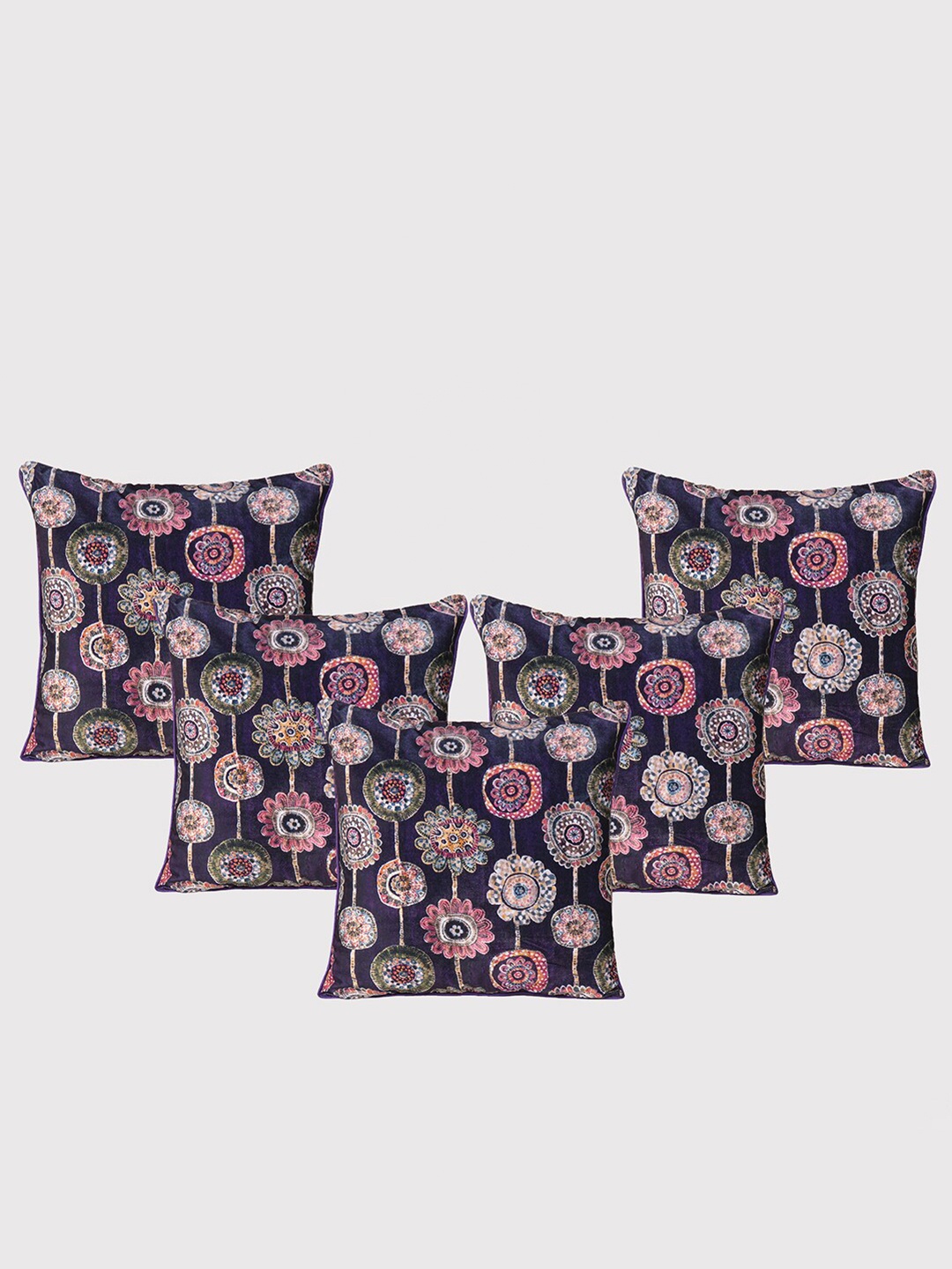 

OUSSUM Purple & Pink 5-Pieces Floral Velvet Square Cushion Covers