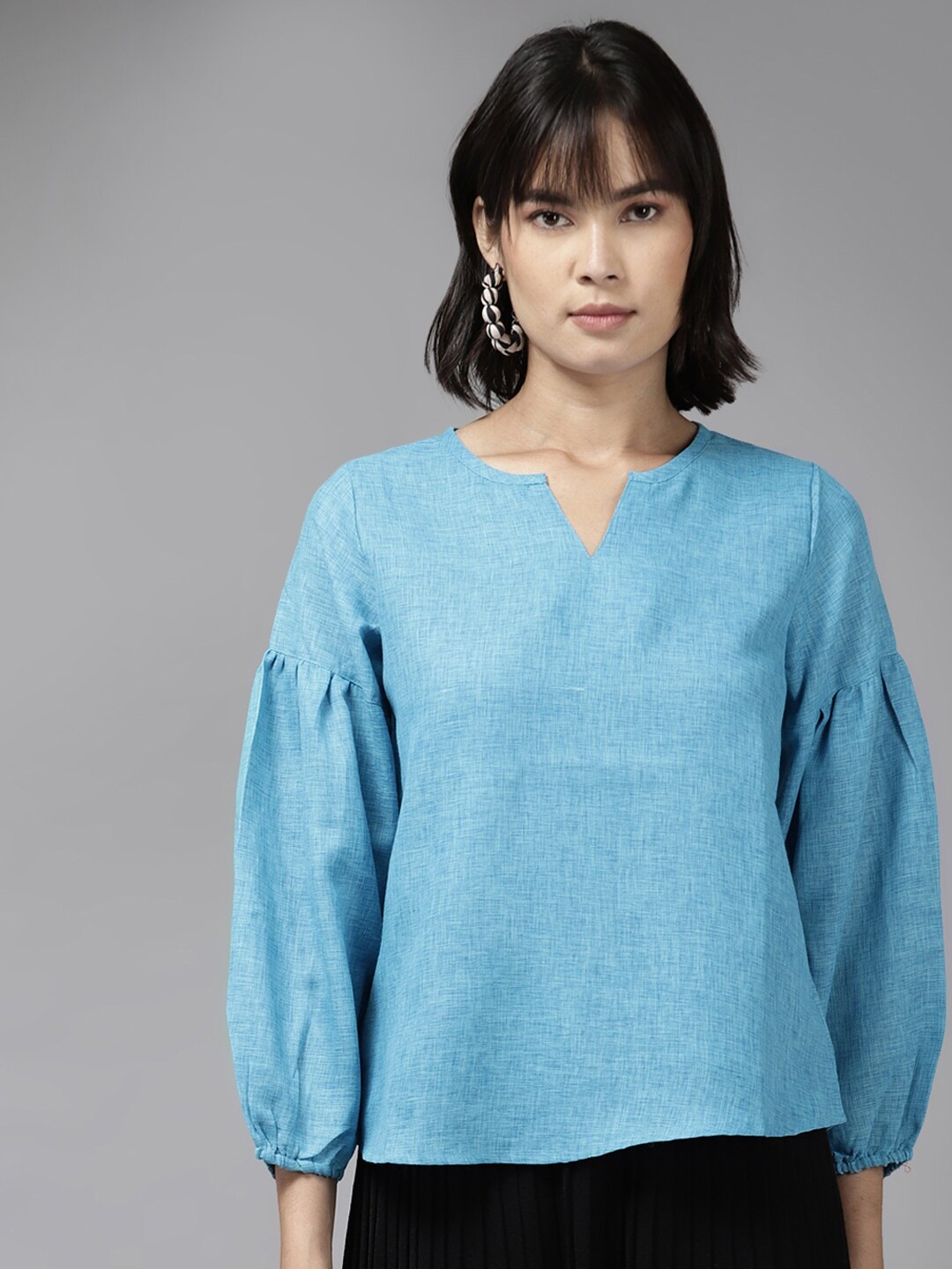 

BAESD Round Neck Puff Sleeve Top, Blue