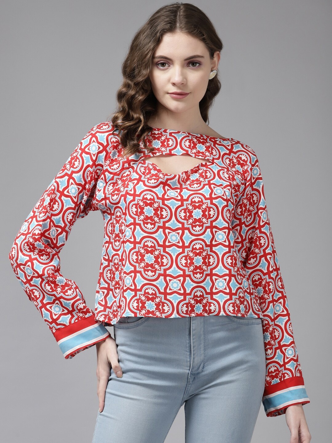 

BAESD Floral Printed Boat Neck Cut Out Top, Red