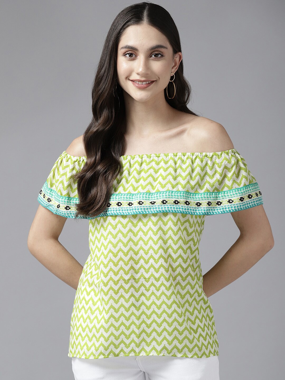 

BAESD Geometric Printed Off-Shoulder Bardot Top, Sea green