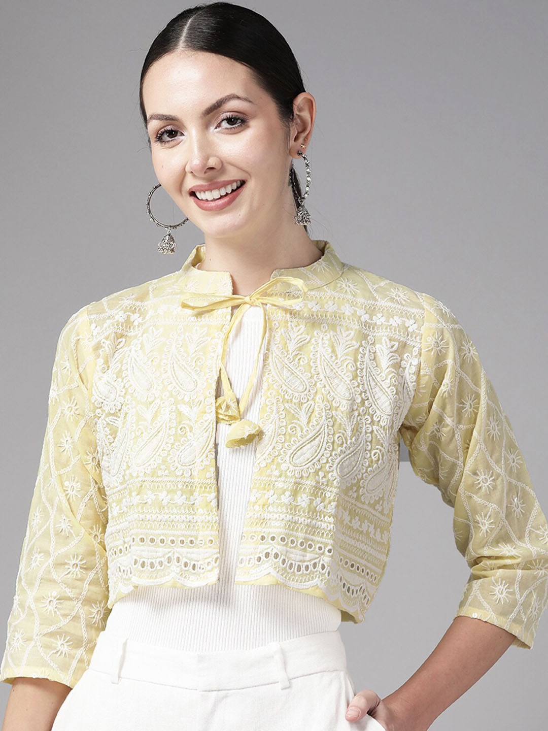 

BAESD Paisley Embroidered Crop Cotton Ethnic Shrug, Lime green