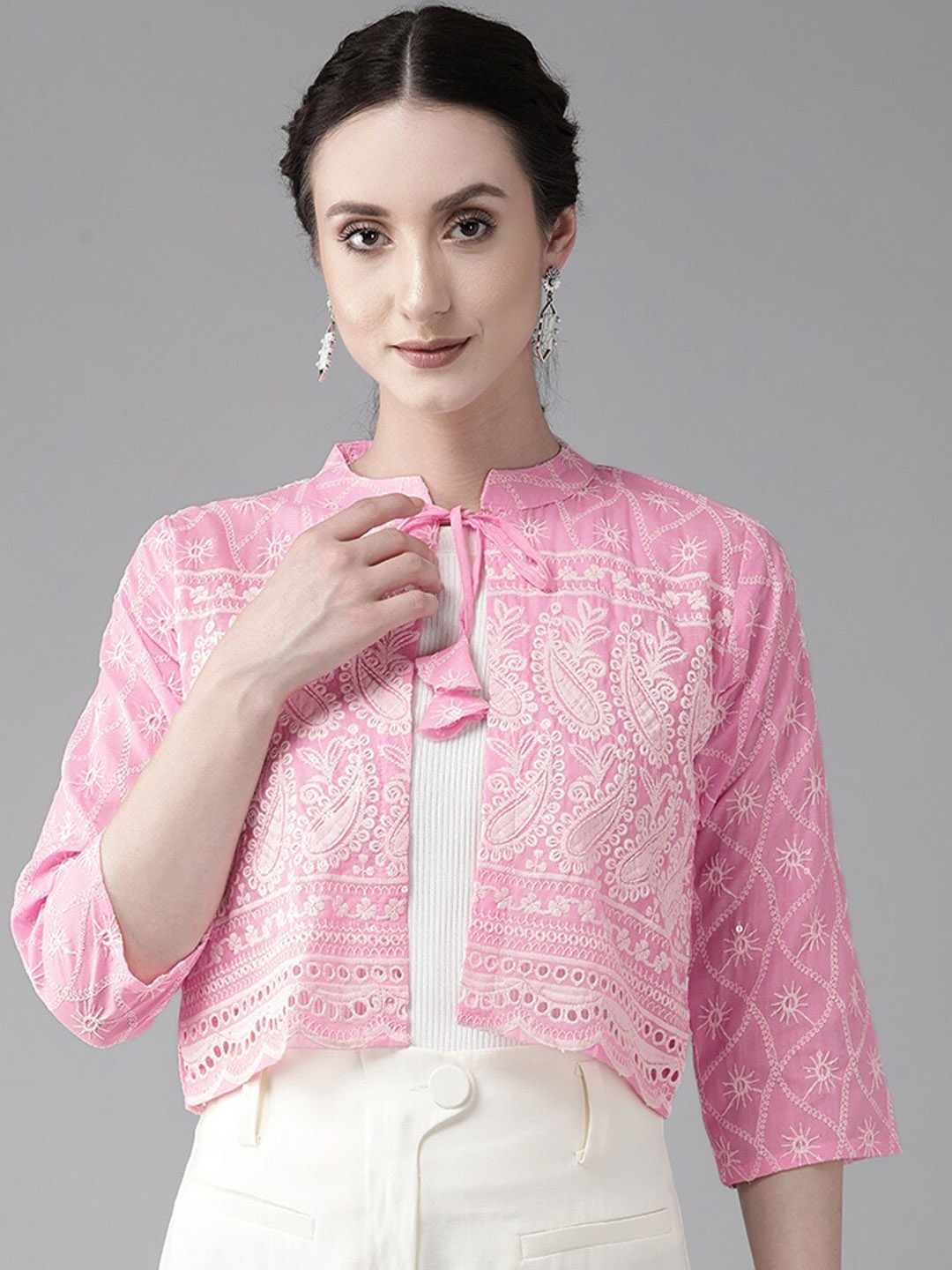 

BAESD Self Design Floral Embroidered Mandarin Collar Cotton Crop Ethnic Tailored Jacket, Pink