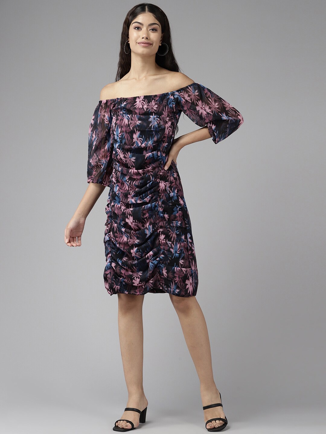 

BAESD Floral Printed Off-Shoulder Georgette Sheath Dress, Black