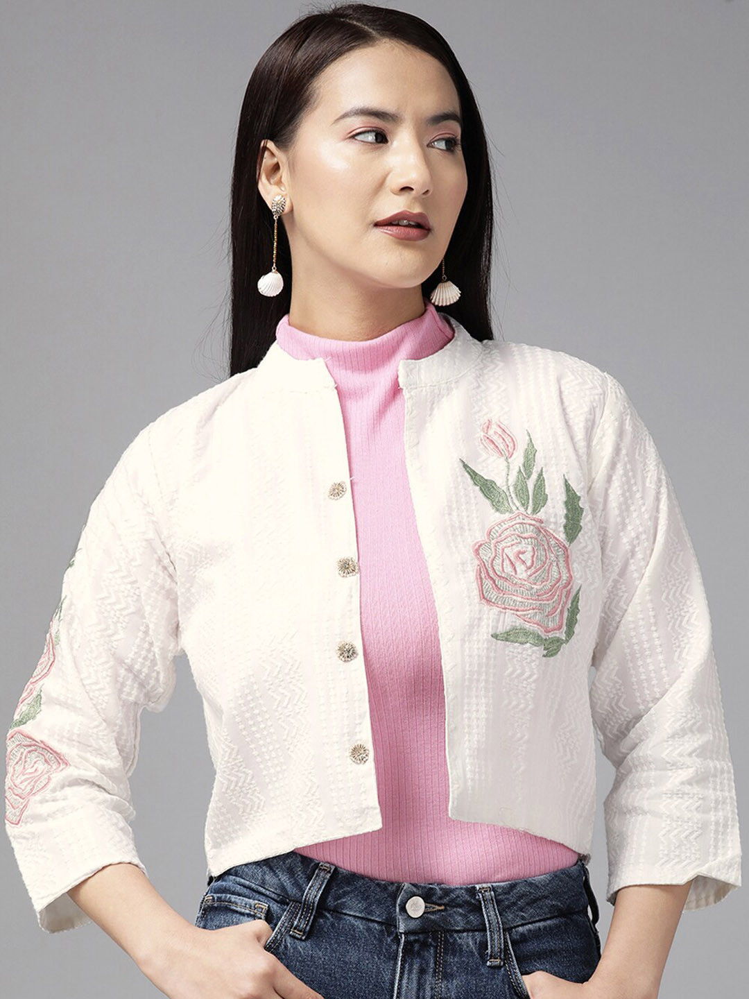 

BAESD Self Design Floral Embroidered Mandarin Collar Cotton Crop Open Front Jacket, White