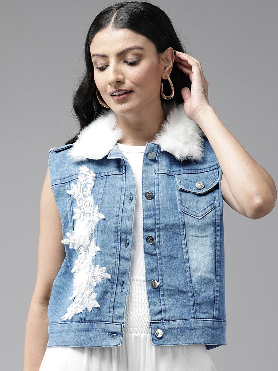 

BAESD Cotton Denim Crop Jacket, Blue