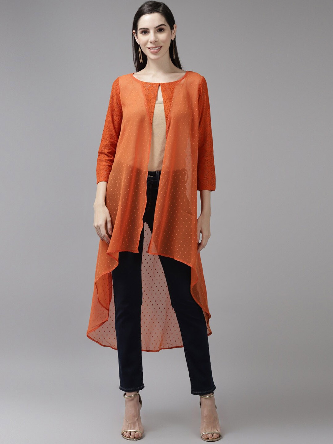 

BAESD Embroidered Longline Georgette High-Low Open Front Shrug, Orange