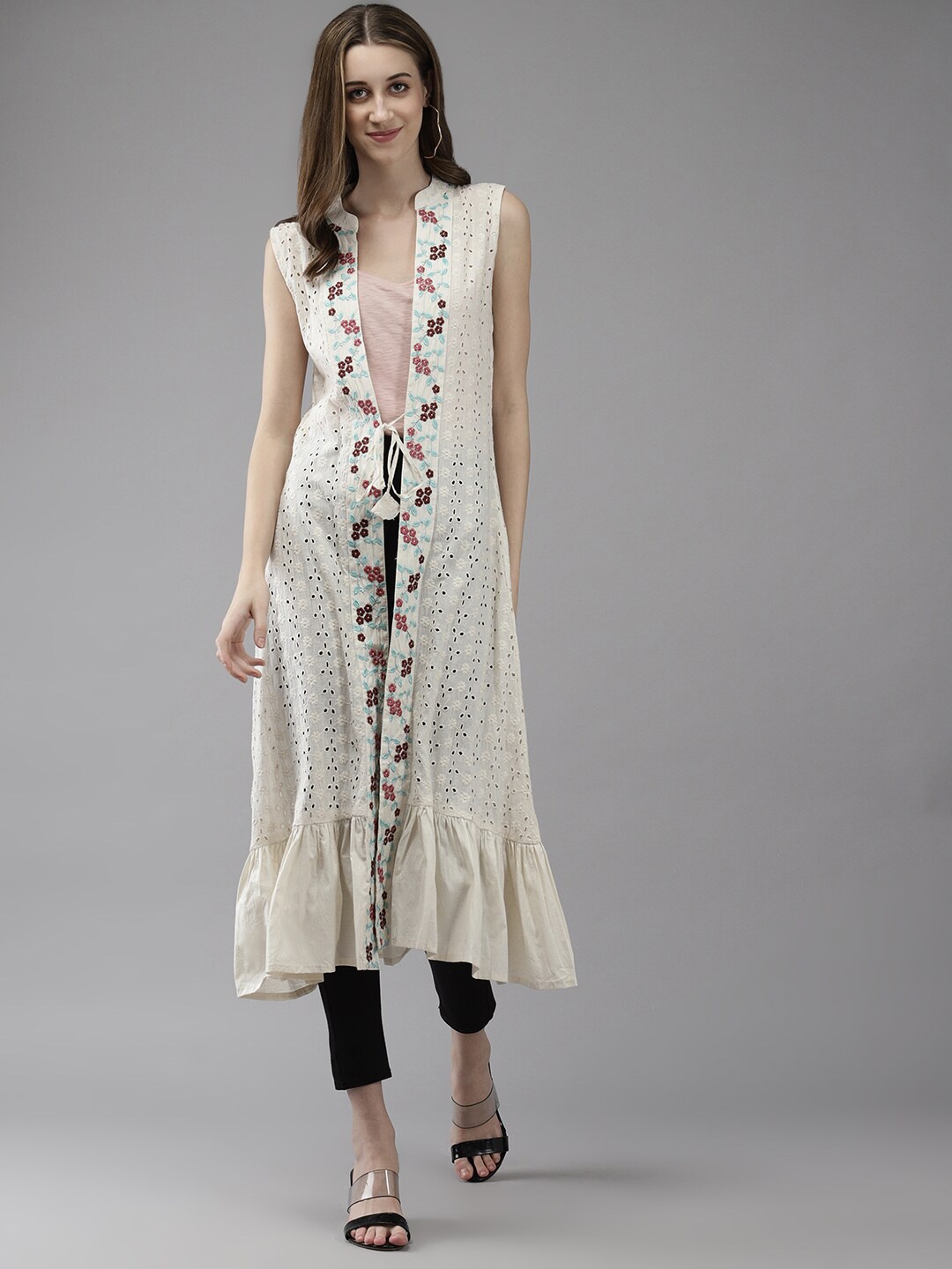 

BAESD Floral Embroidered Longline Cotton Jacket, Maroon