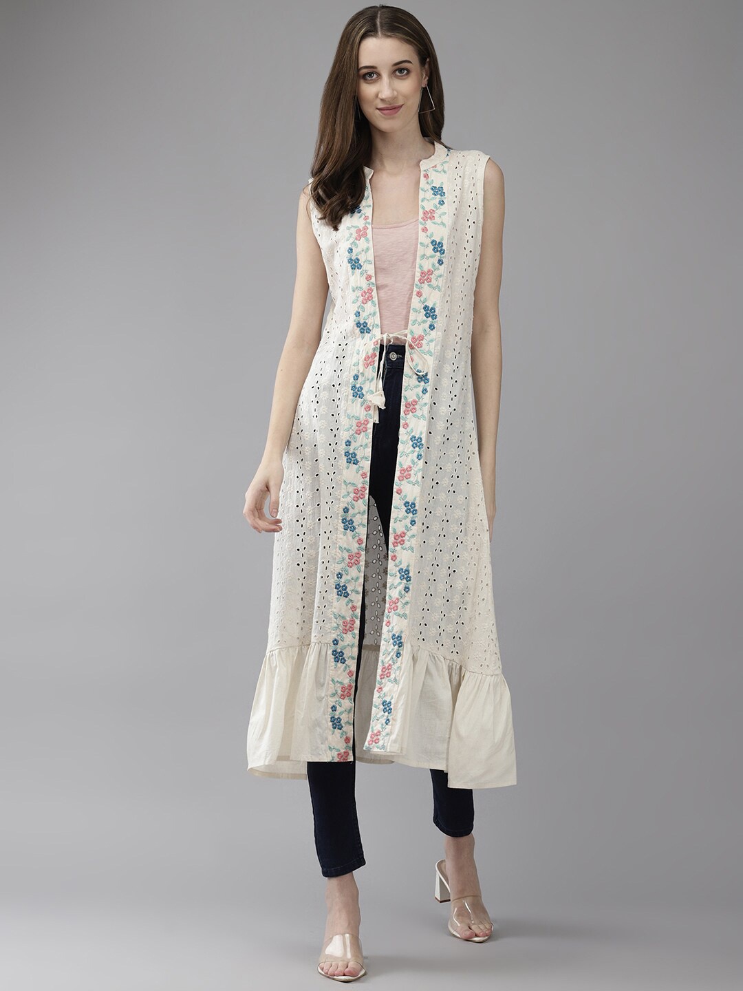 

BAESD Ethnic Motifs Printed Embroidered Cotton Longline Shrug, Cream