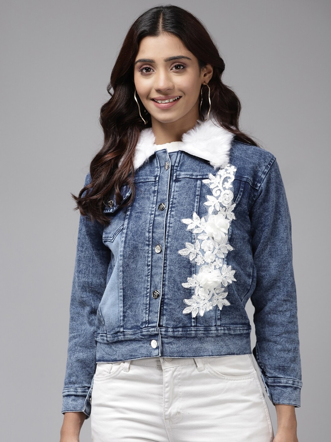 

BAESD Floral Self Design Crop Denim Jacket, Blue