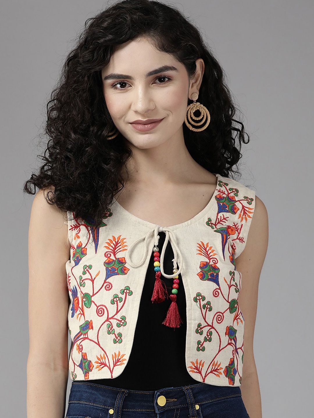 

BAESD Floral Embroidered Cotton Crop Tailored Jacket with Patchwork, Cream