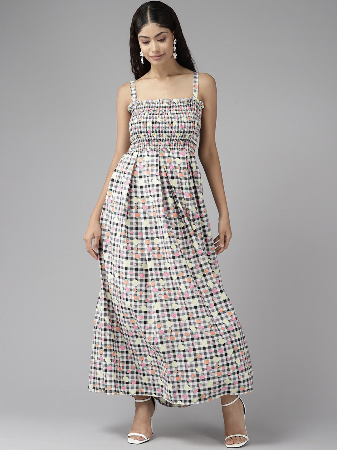 

BAESD Checked Shoulder Straps Smocked Maxi Dress, White