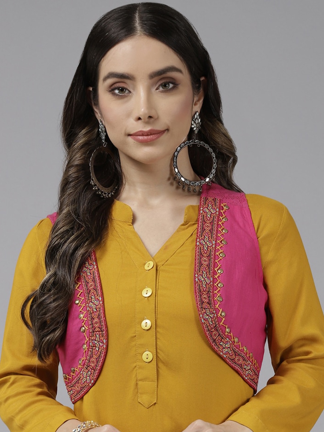 

BAESD Collarless Floral Embroidered Cotton Crop Ethnic Open Front Jacket, Pink