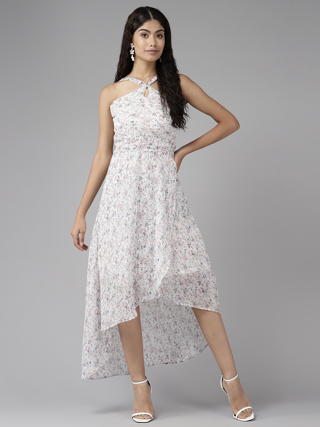 

BAESD Floral Printed Halter Neck Georgette Fit & Flare Dress, White