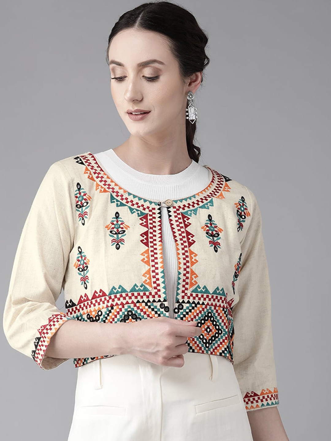 

BAESD Ethnic Motifs Embroidered Crop Tailored Jacket, Cream