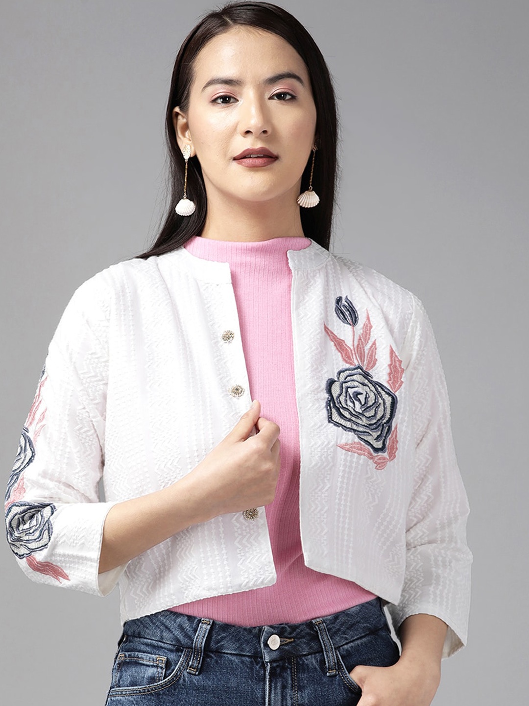 

BAESD Floral Embroidered Cotton Tailored Jacket, White