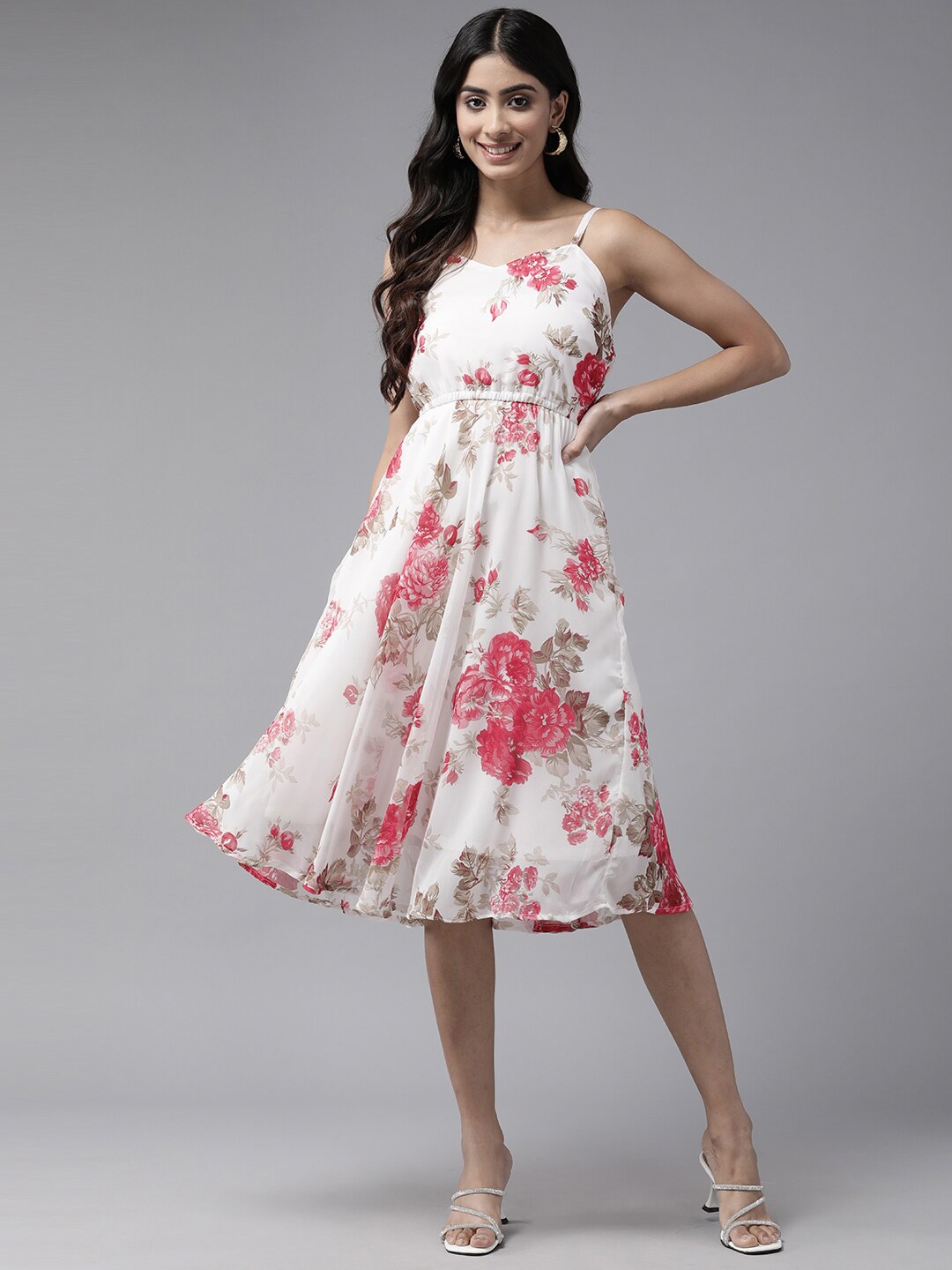 

BAESD Floral Printed Shoulder Straps Georgette Fit & Flare Midi Dress, White