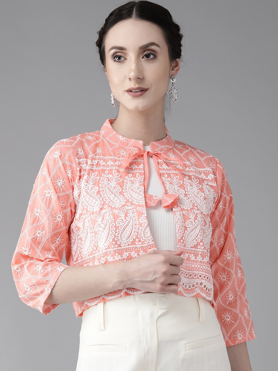 BAESD Chikankari Embroidered Front-Open Cotton Ethnic Jacket, Peach