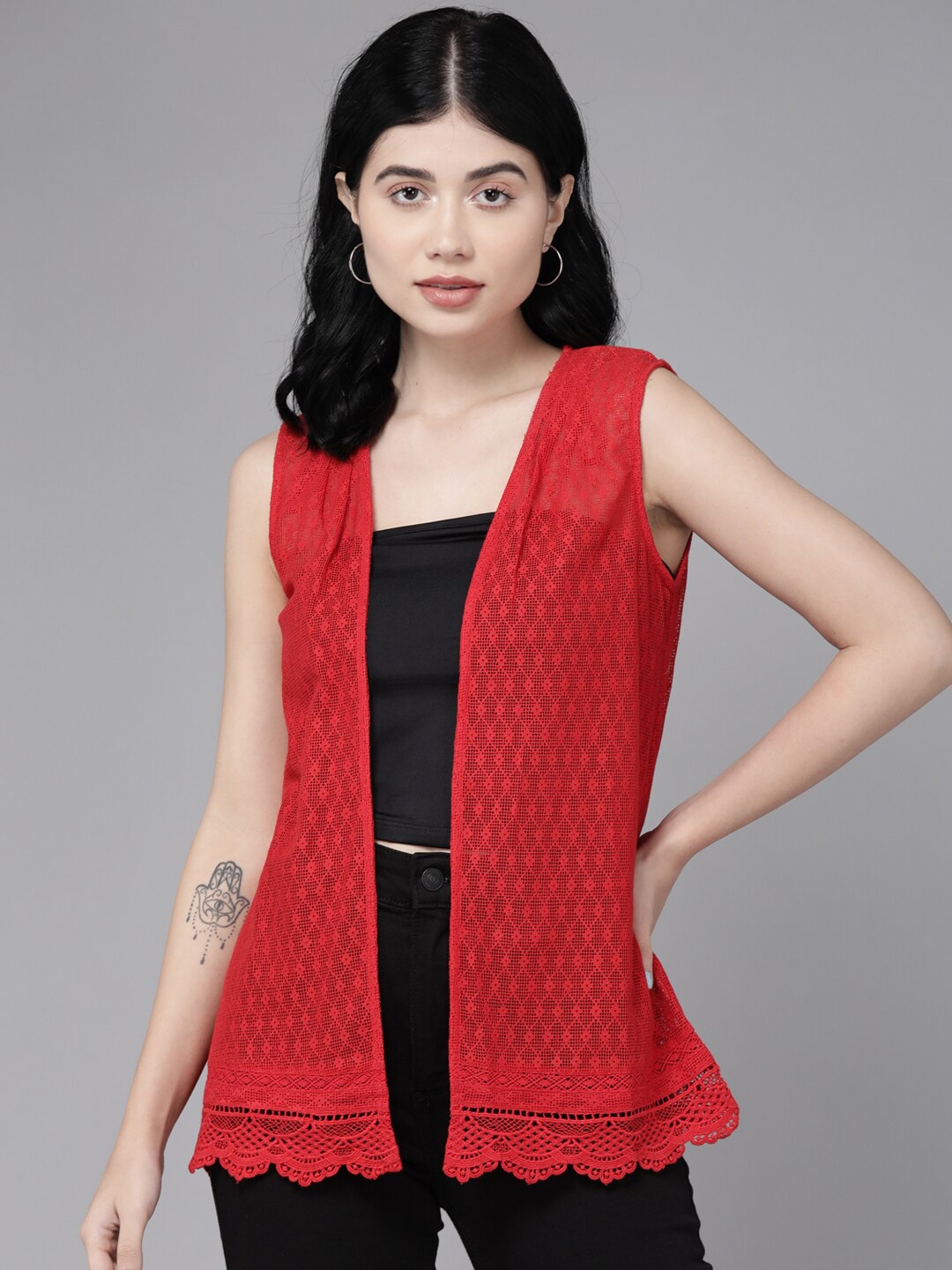 

BAESD Self Design Regular Open Front Shrug, Red