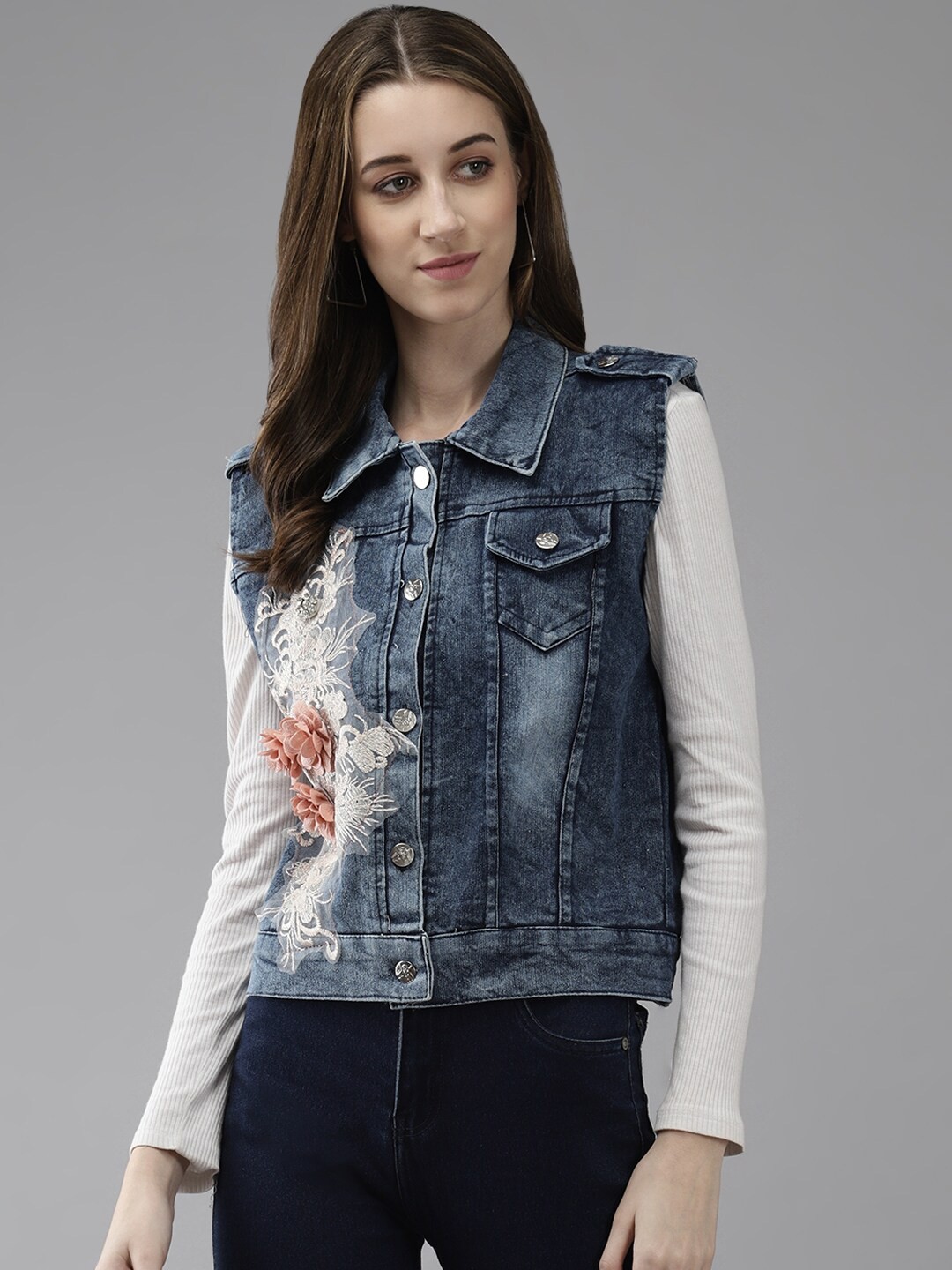 

BAESD Women Floral Cotton Denim Jacket with Patchwork, Blue