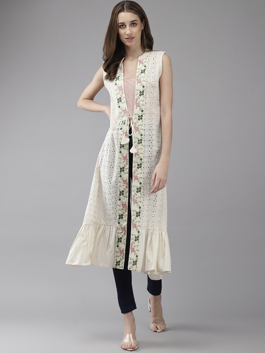 

BAESD Floral Embroidered Cotton Longline Shrug, Cream