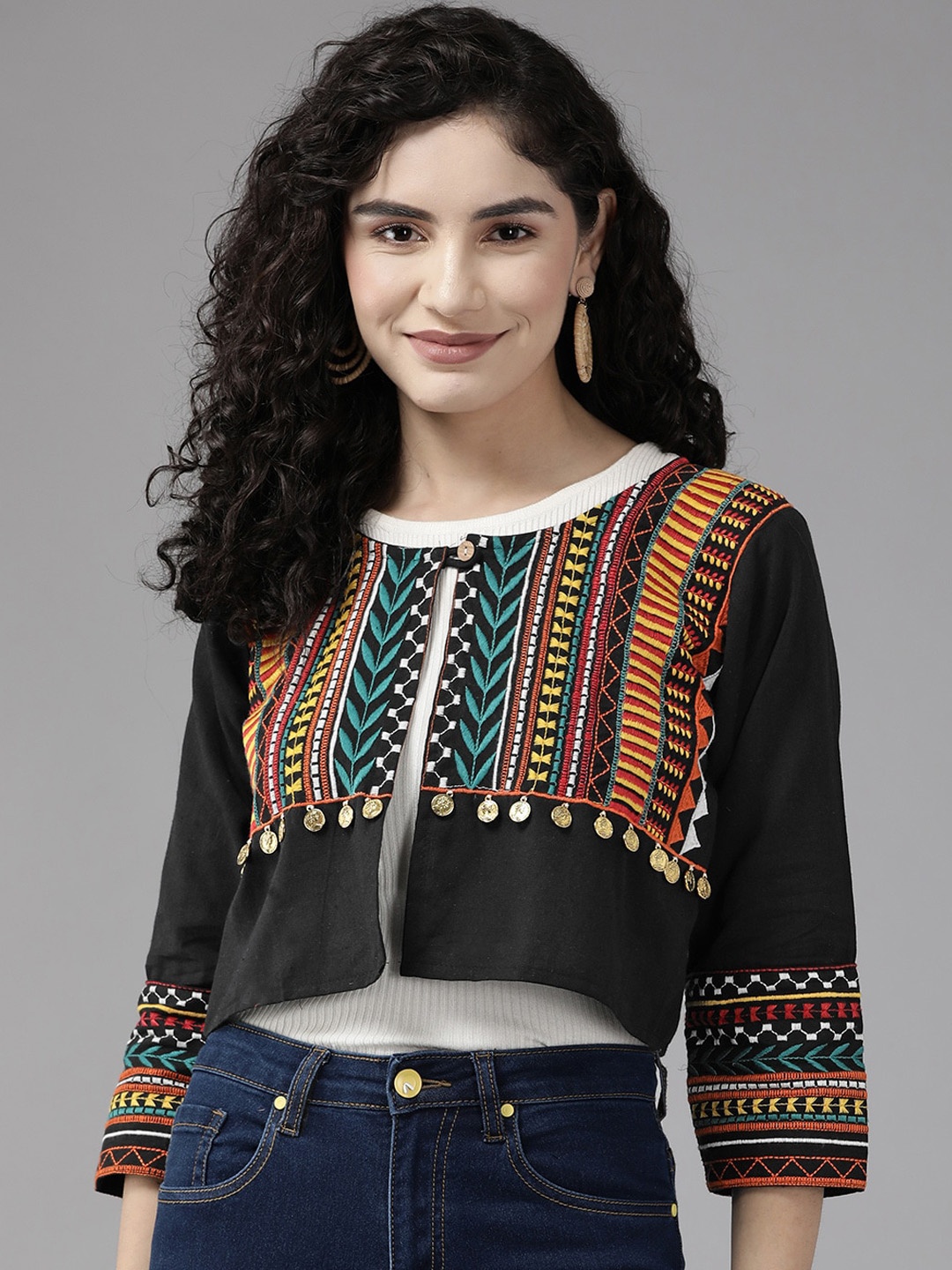 BAESD Ombre Embroidered Cotton Crop Tailored Jacket, Black