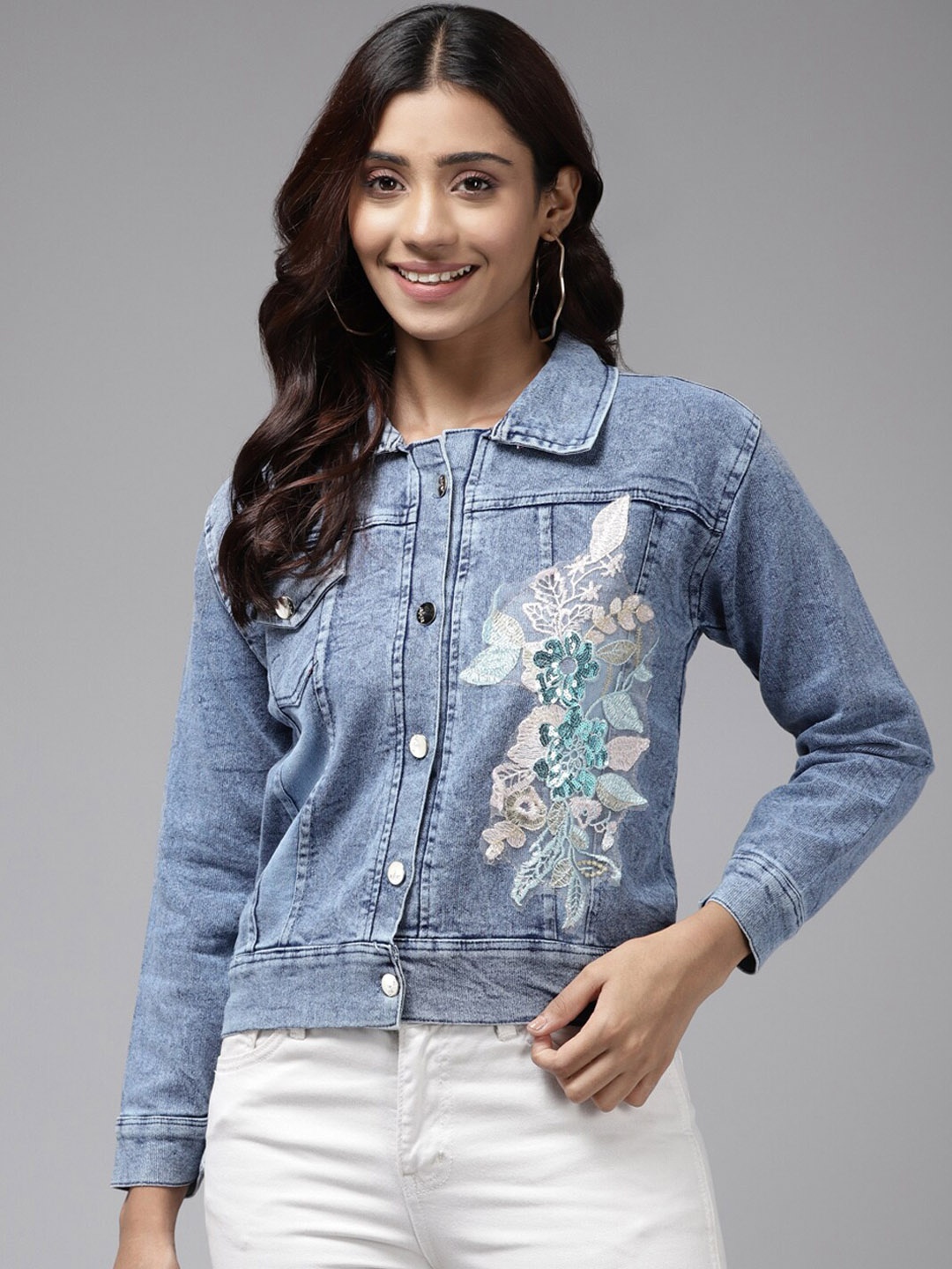 

BAESD Embellished Sequinned Washed Crop Denim Jacket, Blue